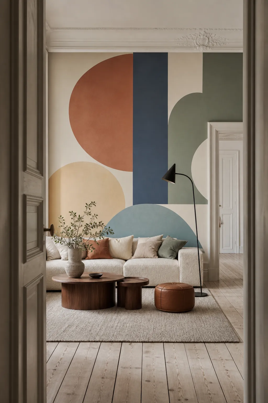 Relaxed living room featuring a retro semicircle wall pattern