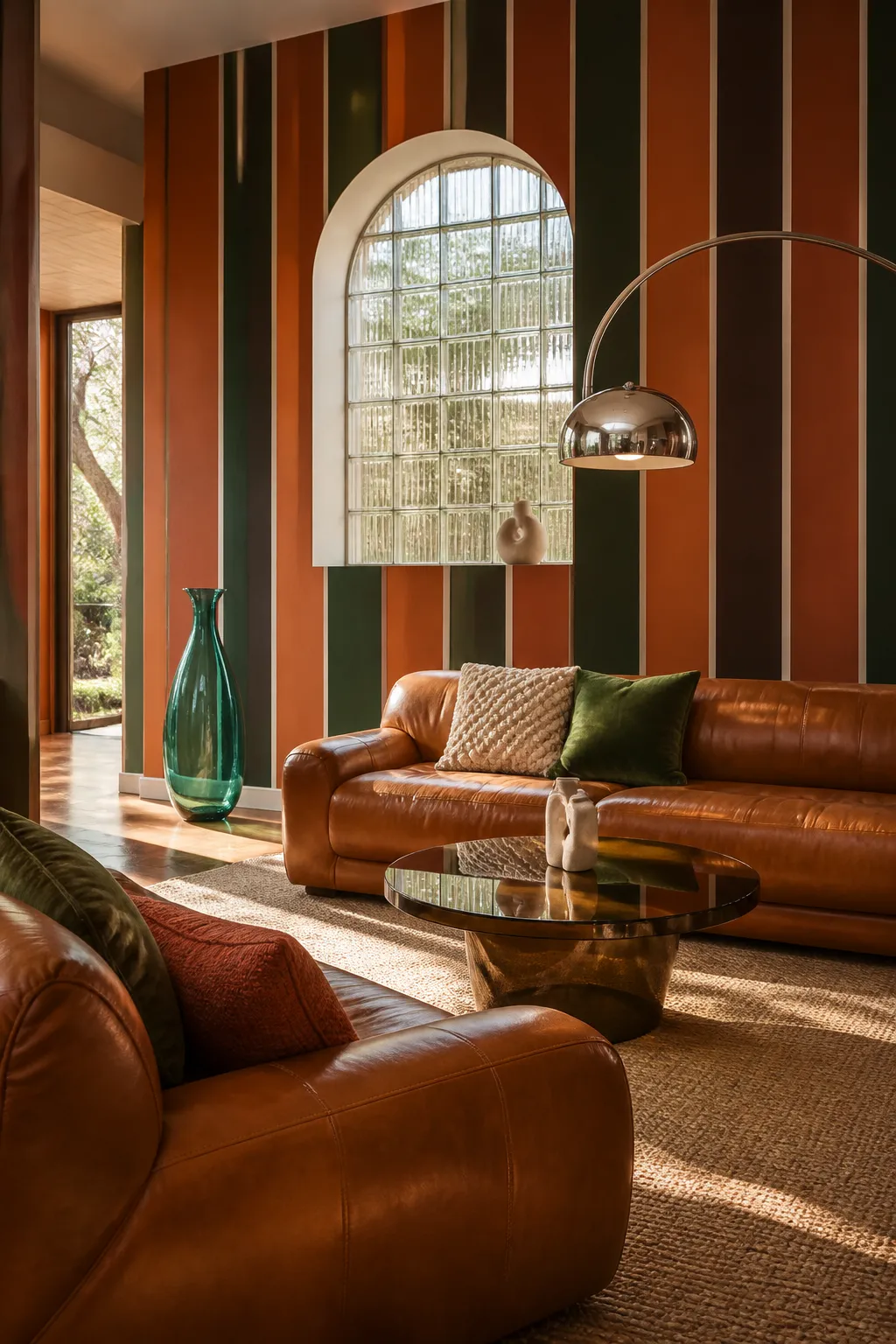 Seventies-inspired living room with warm brown, orange, and cream stripes