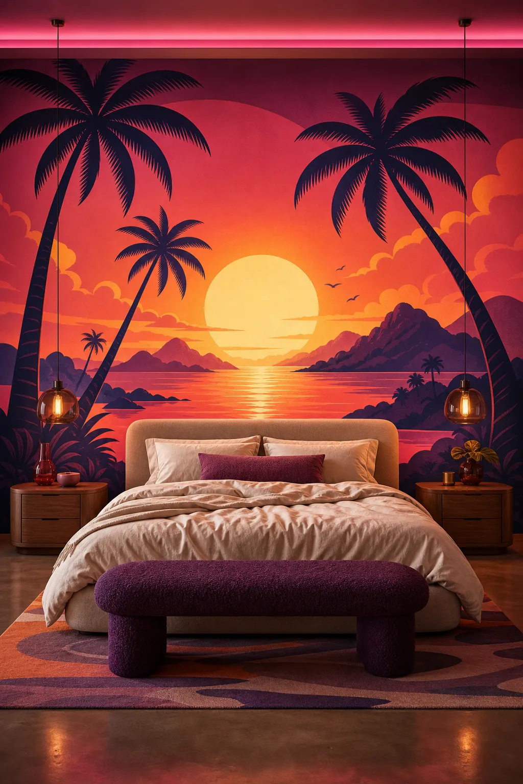Retro bedroom with silhouetted palm trees against a colorful sunset mural
