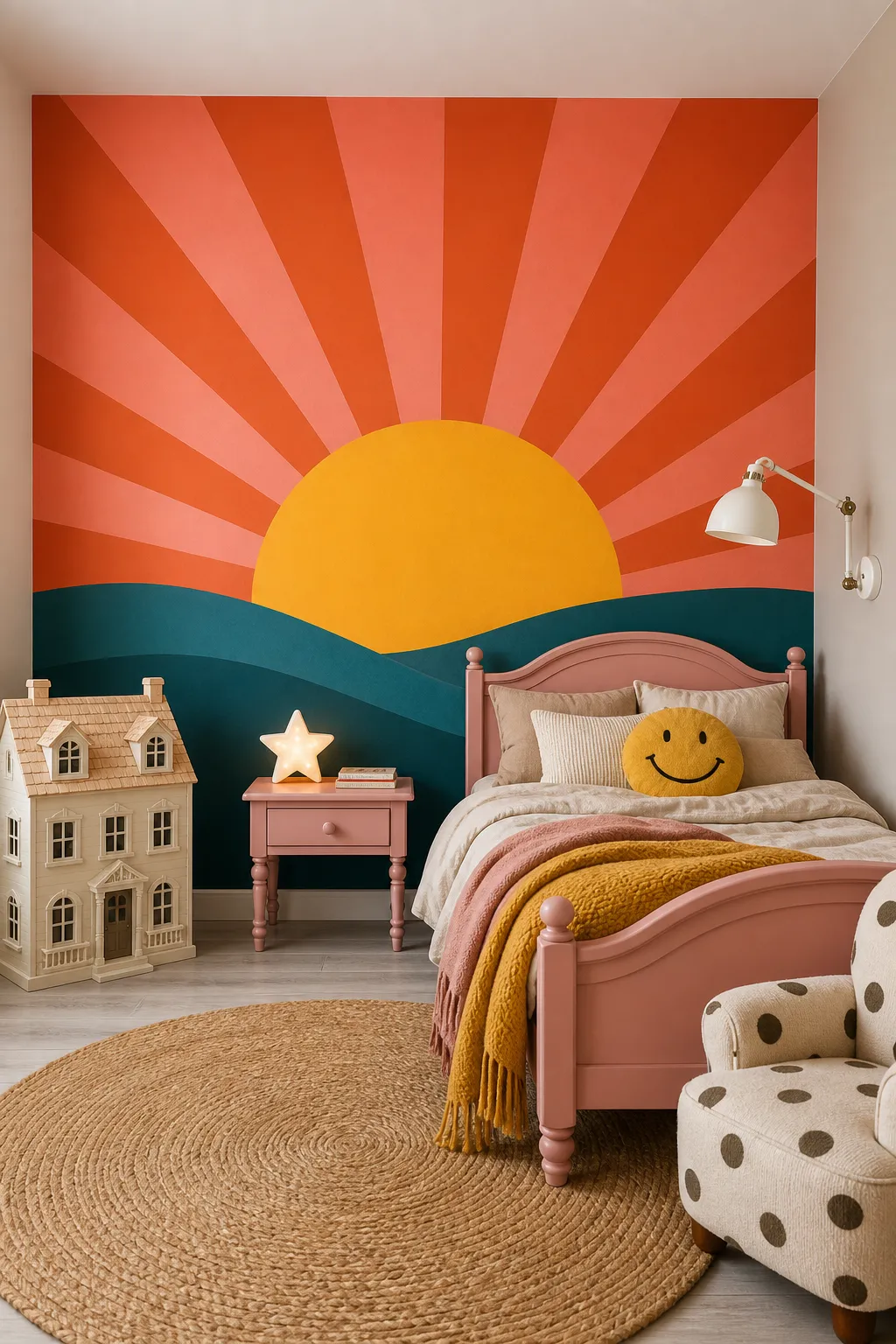 Child's bedroom decorated with curved retro sunset stripes in warm colors