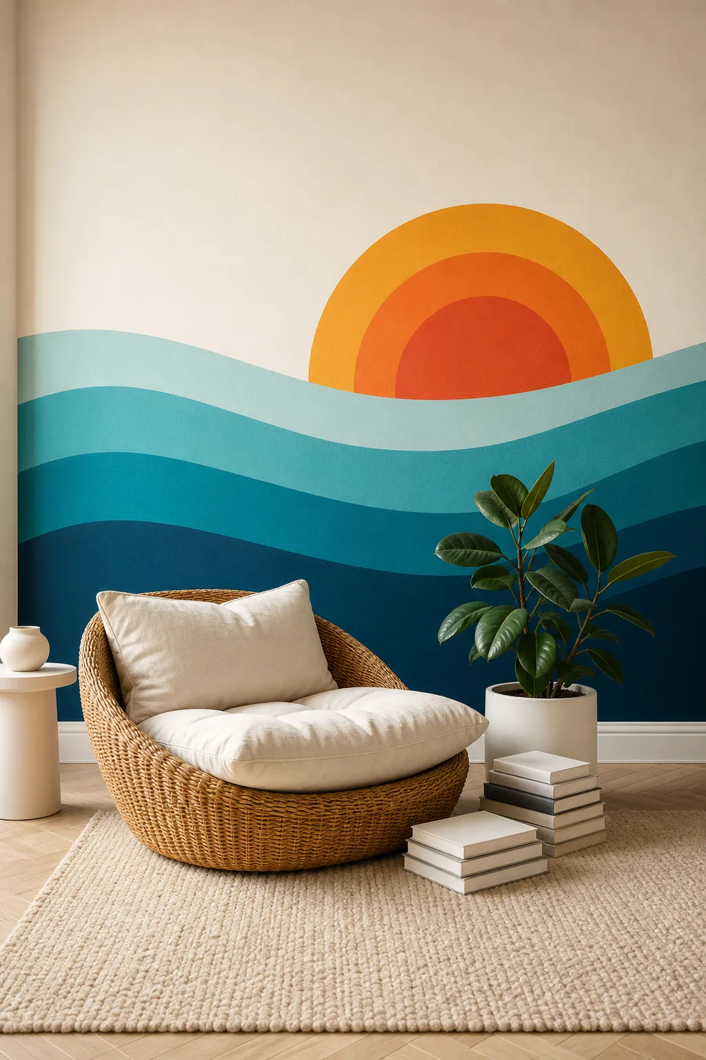 Cozy reading nook featuring a retro sunset mural with layered wavy bands