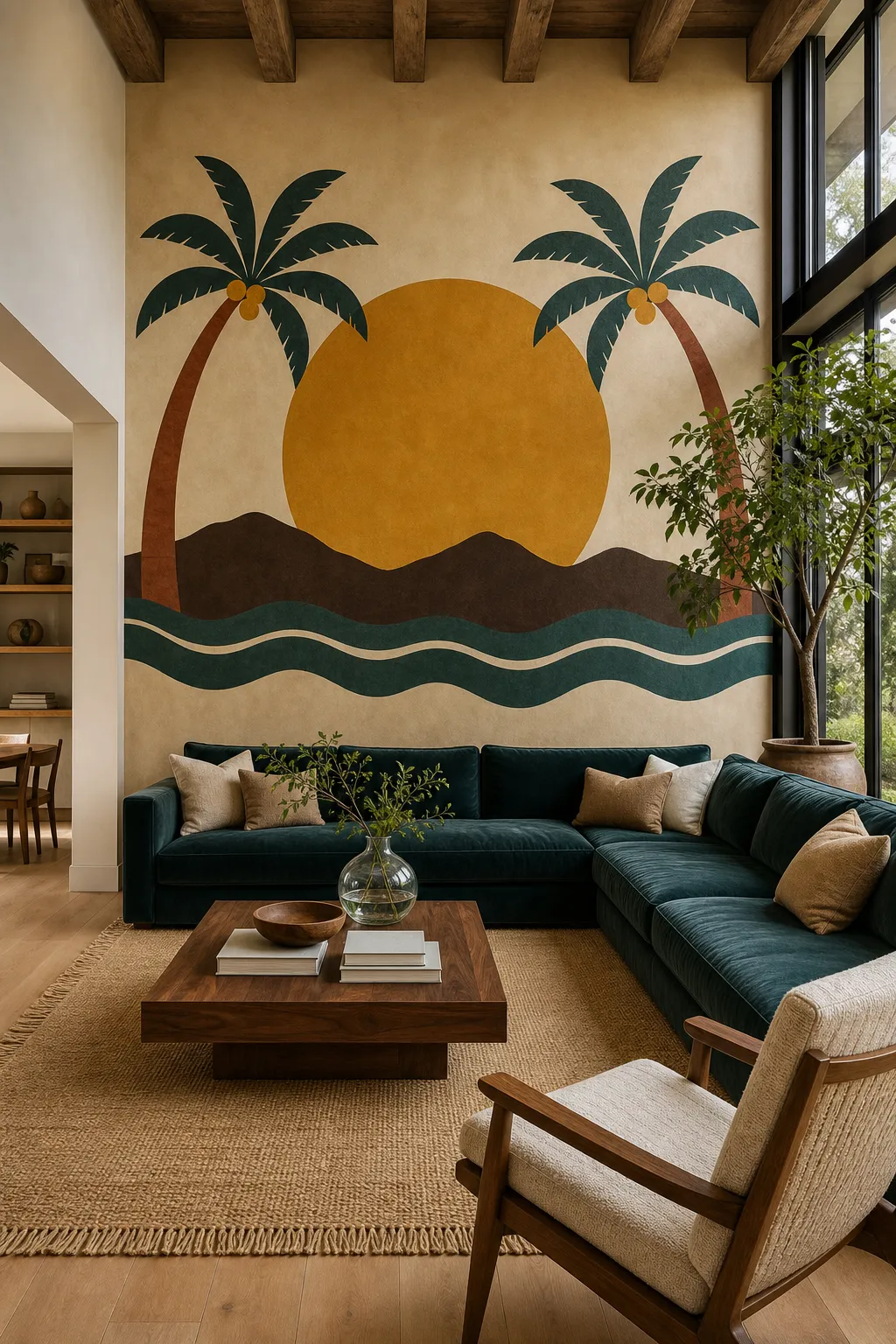 Modern living room featuring a retro tropical sunset mural with palm silhouettes