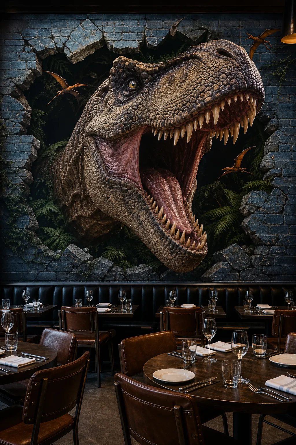 Restaurant wall mural creating the illusion of a roaring T. Rex breaking through
