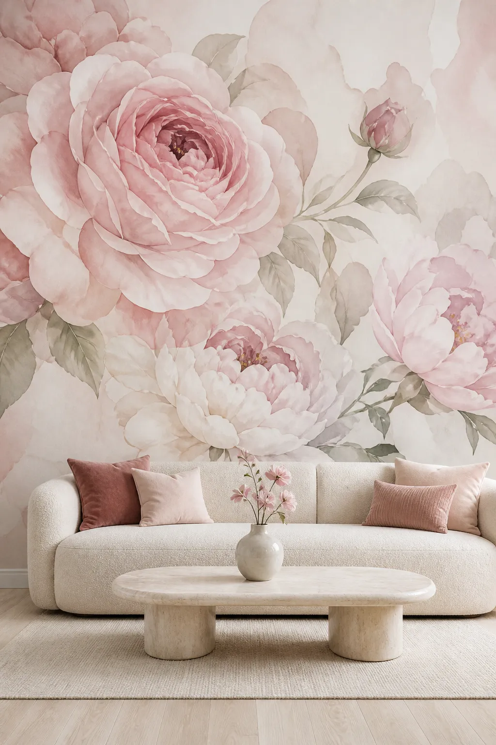 Soft romantic room decorated with an abstract pink rose wall mural