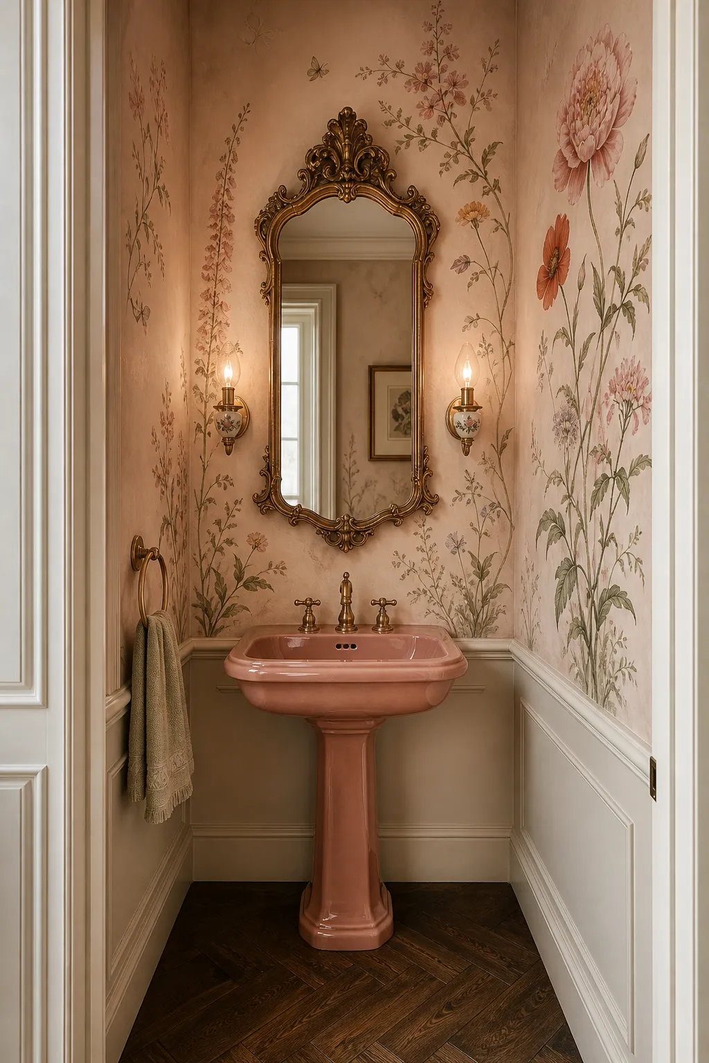 Romantic powder room with delicate floral wallpaper and vintage fixtures