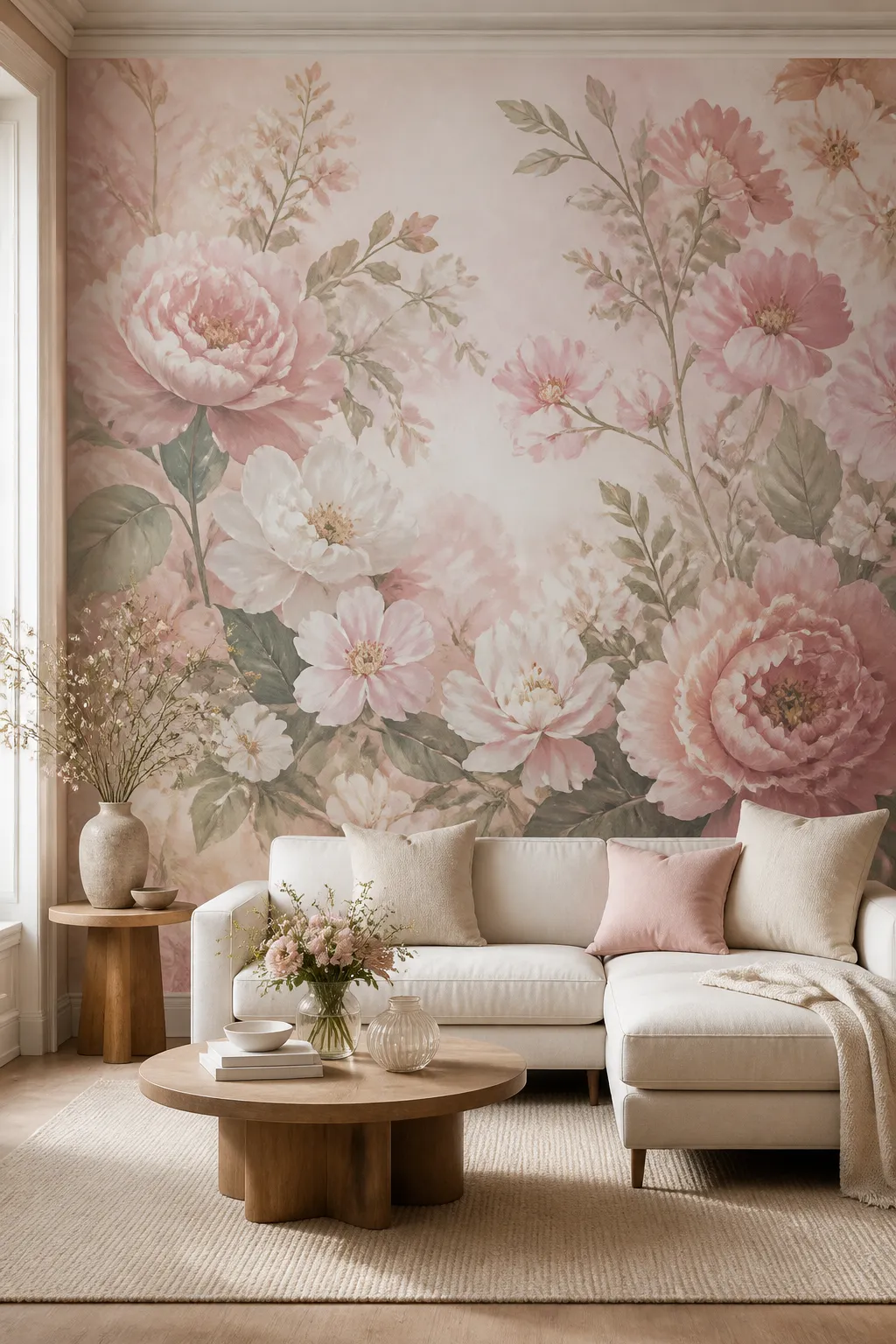 Romantic interior featuring an expansive mural of layered pink flowers