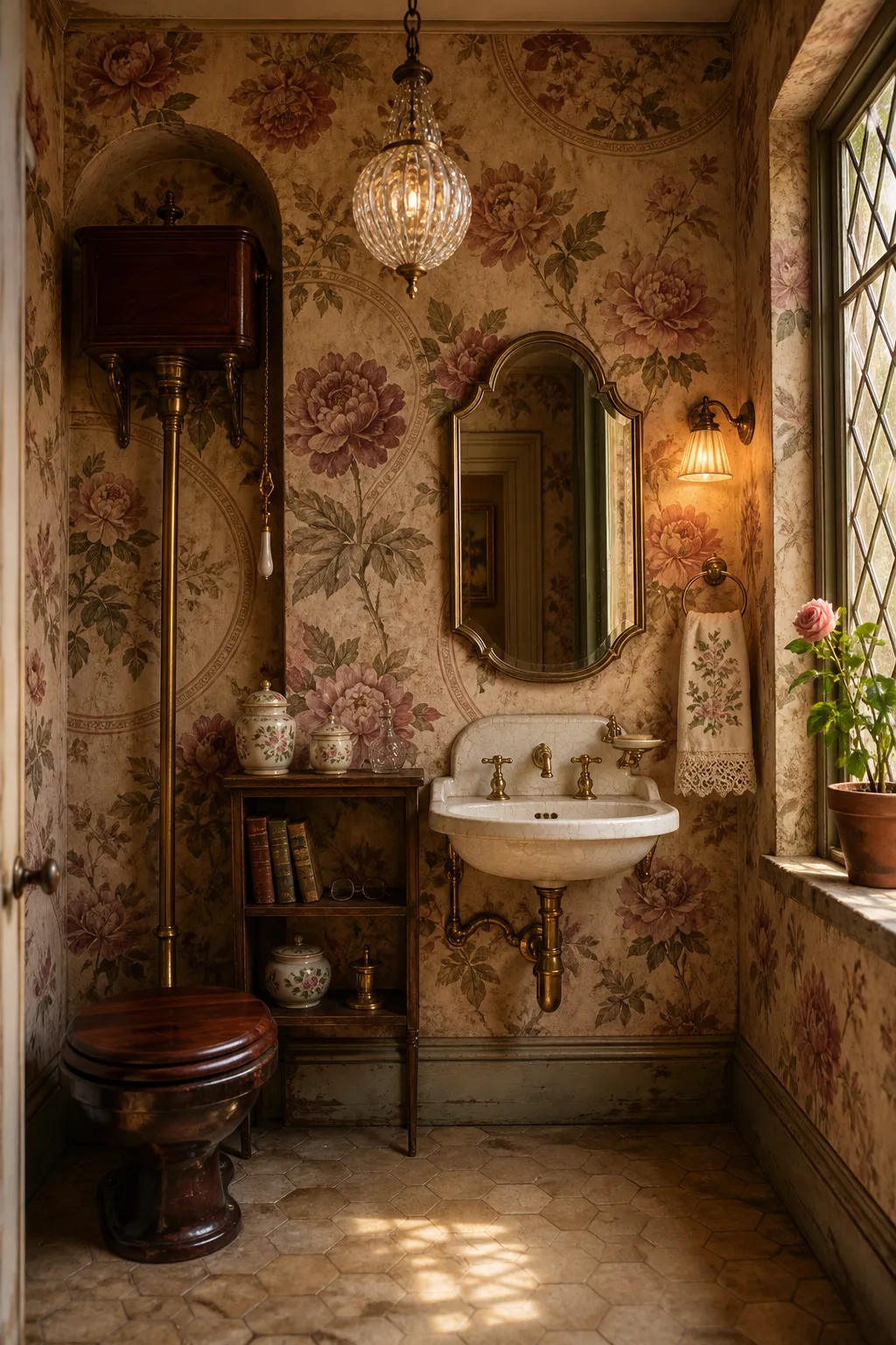 Powder room decorated with faded pink floral wallpaper and softly aged finishes