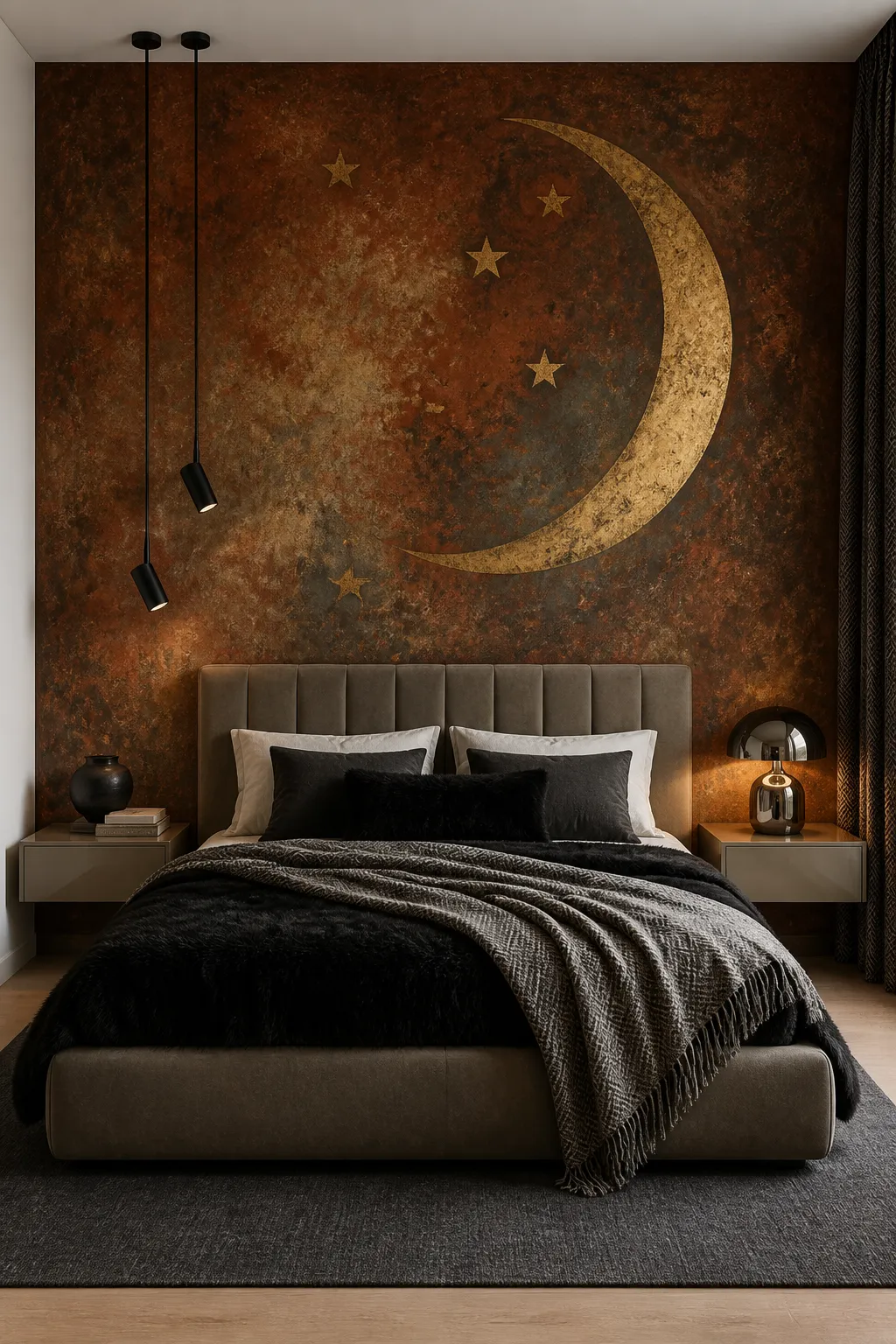 Moody modern bedroom decorated with rust textiles and golden celestial details