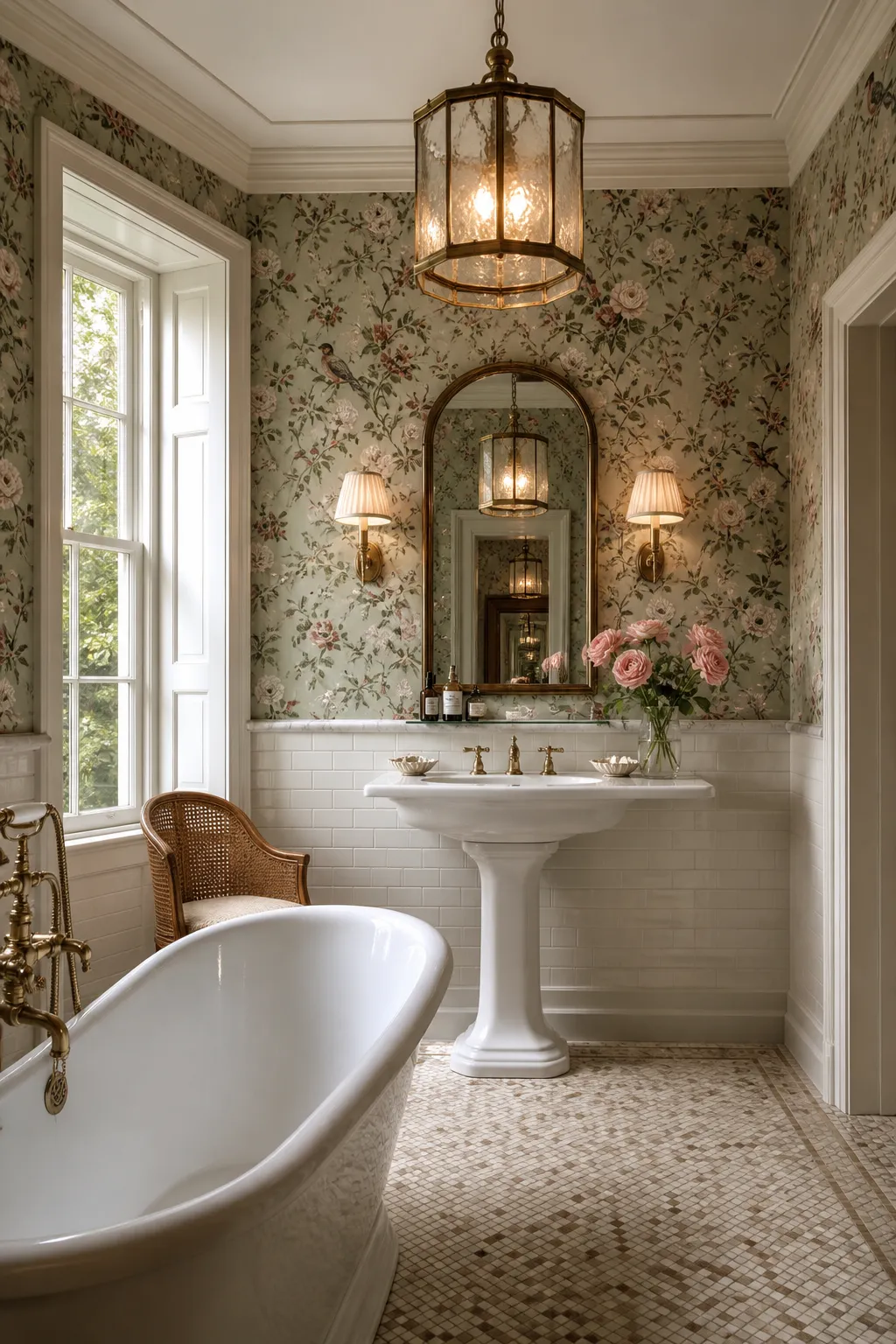 Sage floral wallpaper coordinated with an ornate traditional bathroom mirror
