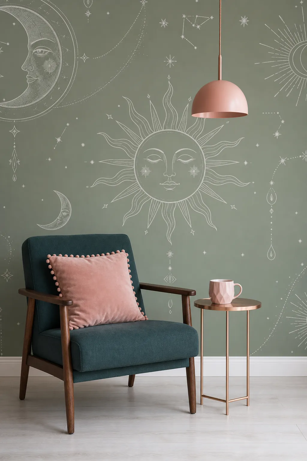 Sage green reading nook with celestial wall details and a comfortable chair