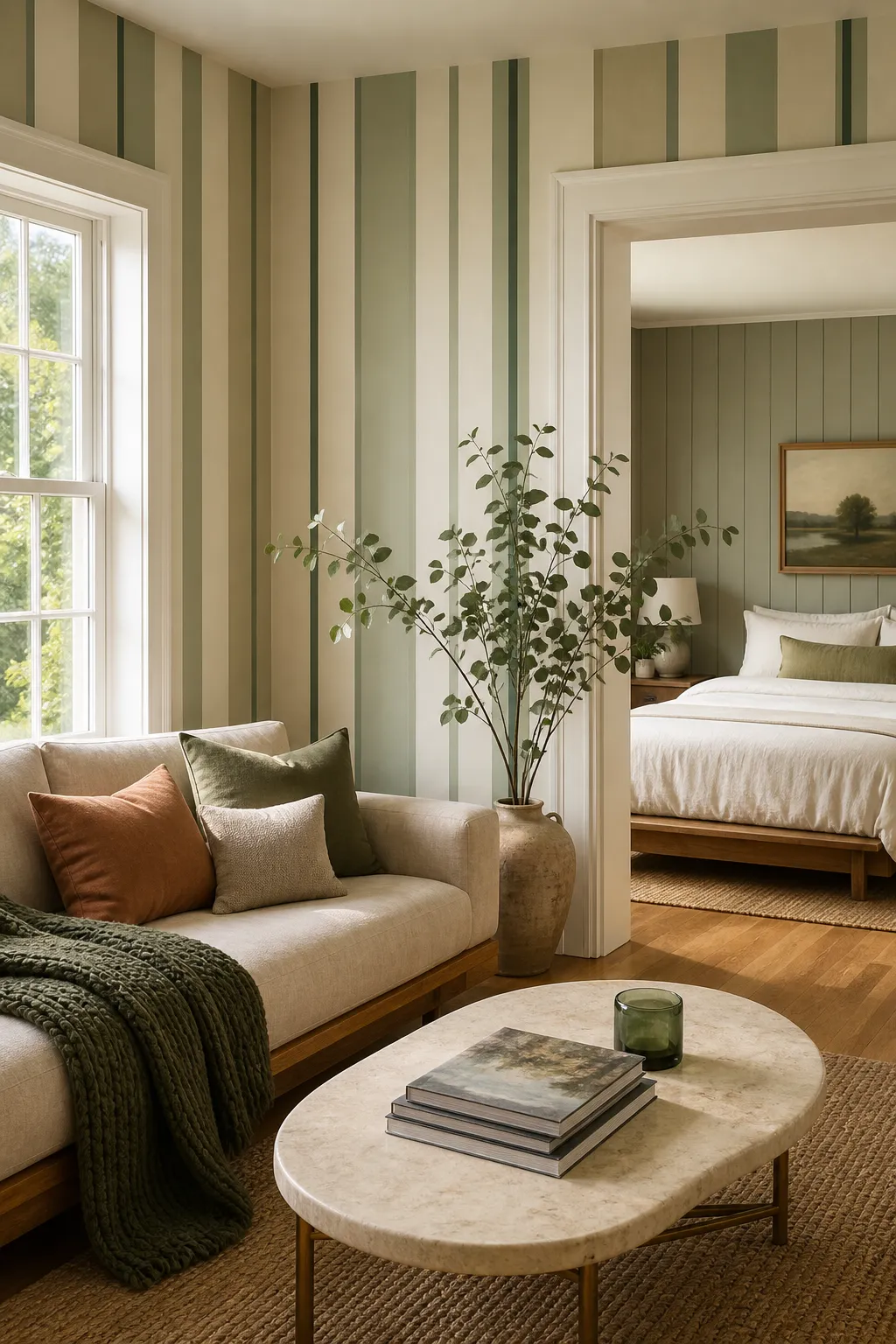 Calm living room with soft sage green striped walls and neutral furnishings
