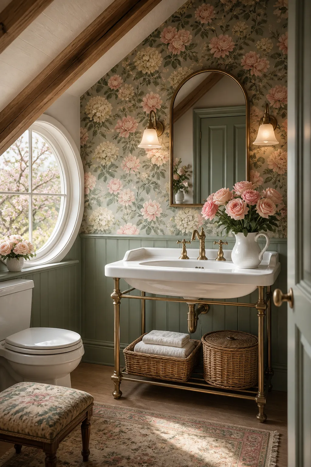 Soft cottage bathroom decorated in sage green and dusty rose