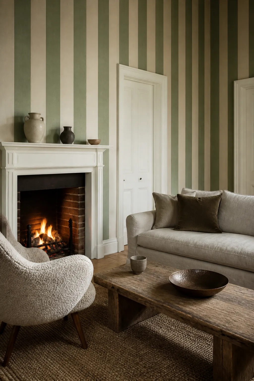 Cozy living room with sage striped walls and a welcoming fireplace