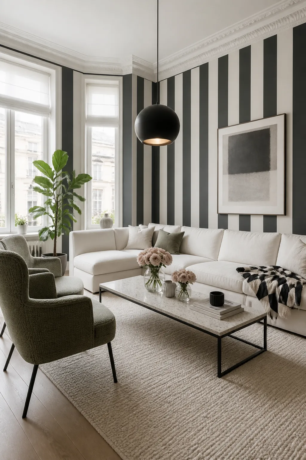 Scandinavian living room styled with black-and-white striped wallpaper