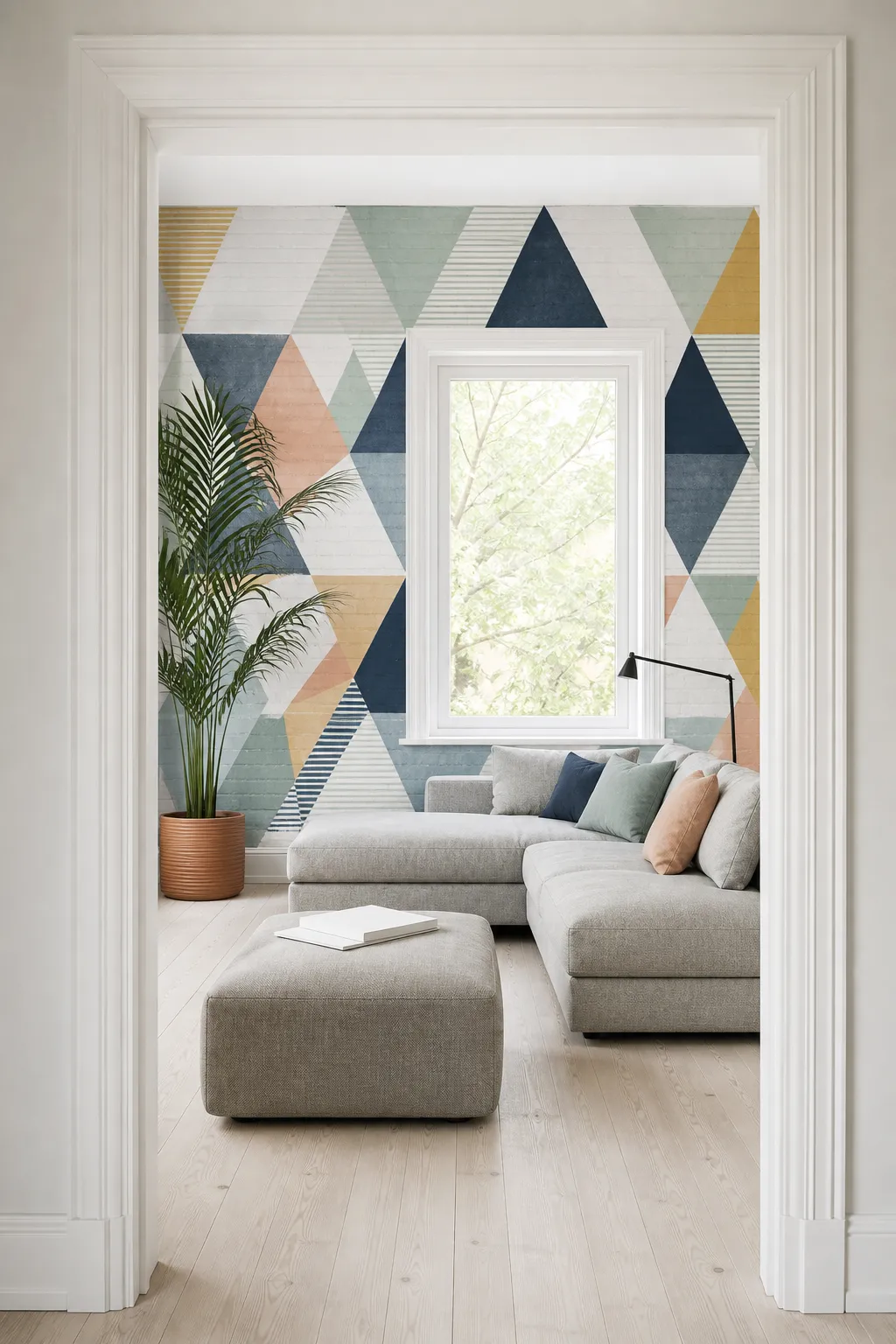 Calm Scandinavian living room with a simple neutral triangle mural
