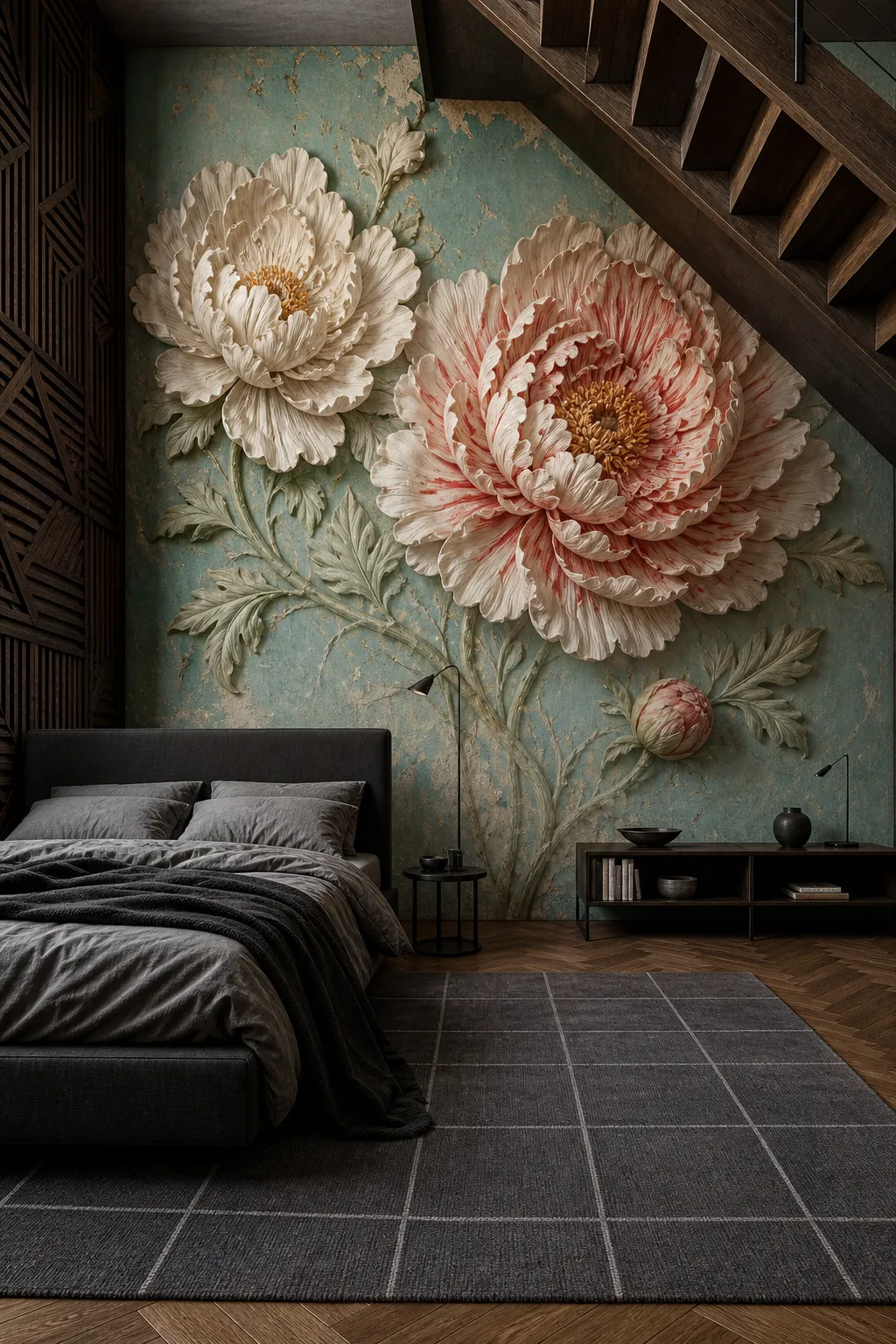 Contemporary interior featuring sculptural pink peonies with dimensional textured petals