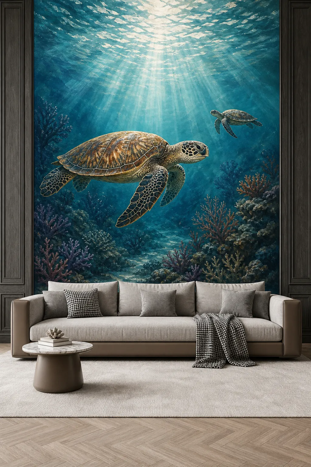 Modern living room featuring a large graceful sea turtle mural
