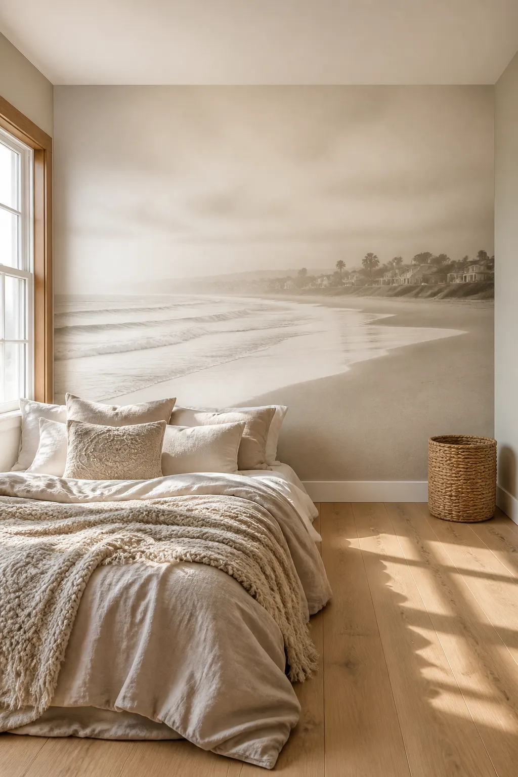 Restful coastal bedroom featuring an ocean mural in sepia tones