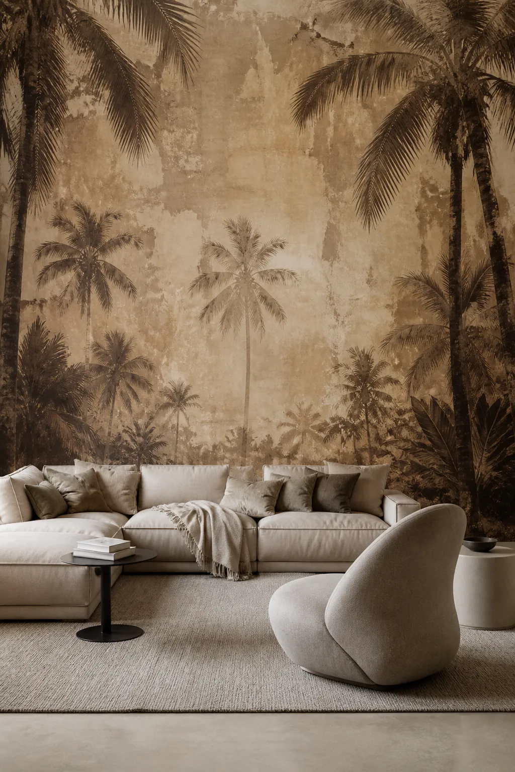 Collected living room with a textured sepia palm mural, vintage furniture, and layered decor