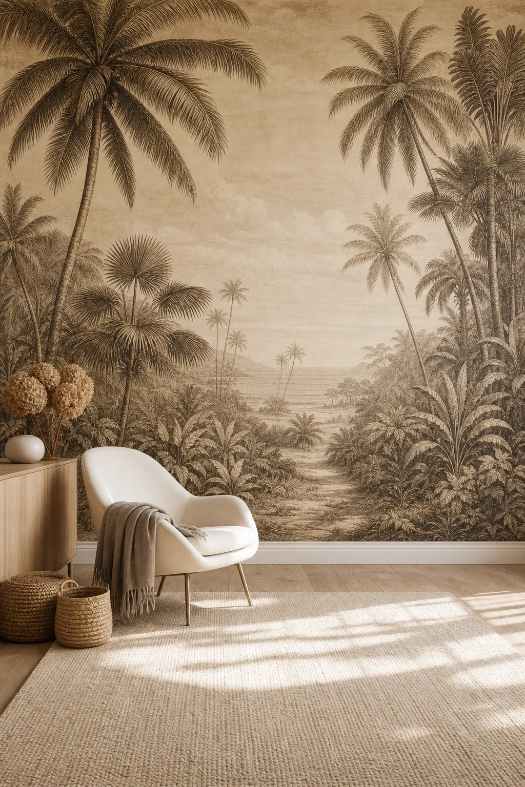 Vintage reading room with sepia palm wallpaper, an upholstered chair, and warm wood furniture