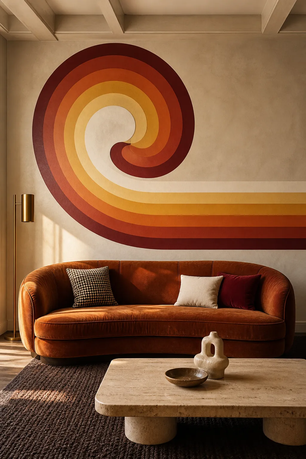 Seventies-inspired lounge featuring a warm retro rainbow wall mural