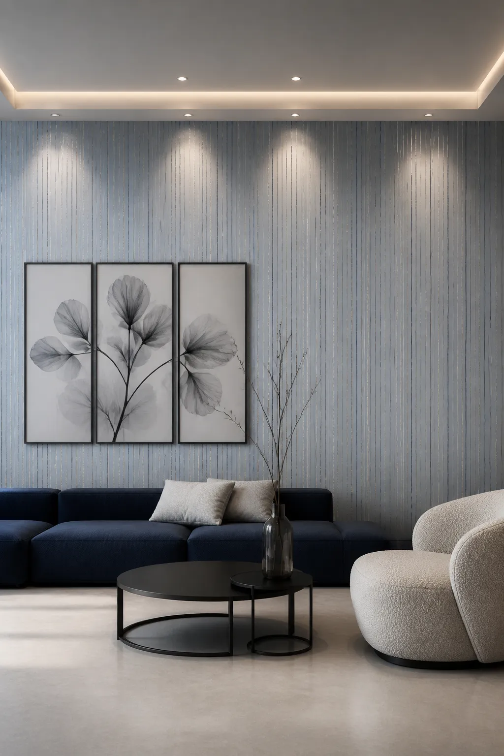 Contemporary living room with cool silver-blue striped walls