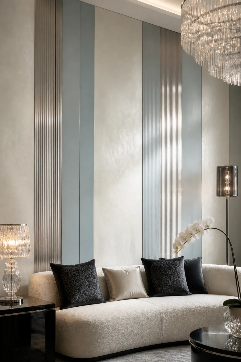 Elegant room with silver-blue striped walls and glamorous metallic accents