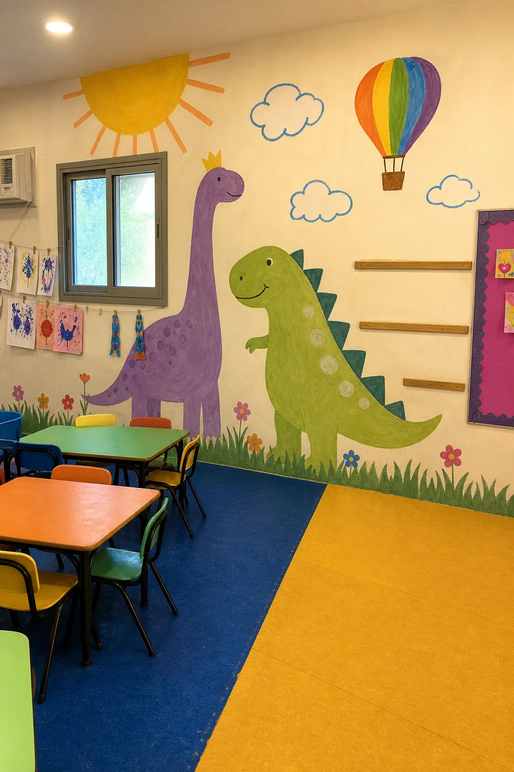 Preschool classroom wall decorated with simple painted dinosaurs in child-friendly colors