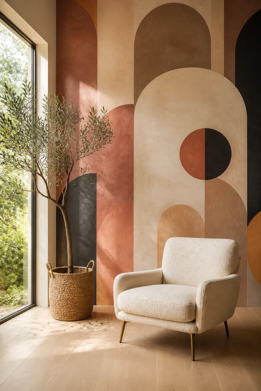 Cozy reading corner framed by layered neutral arch shapes