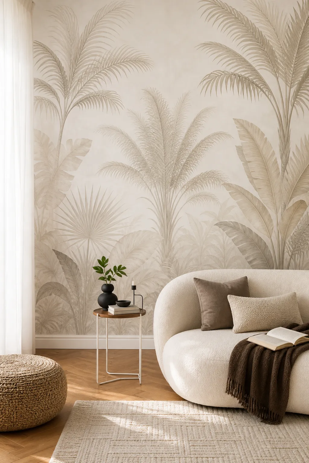Cozy minimalist living room with a soft beige palm mural and warm neutral decor