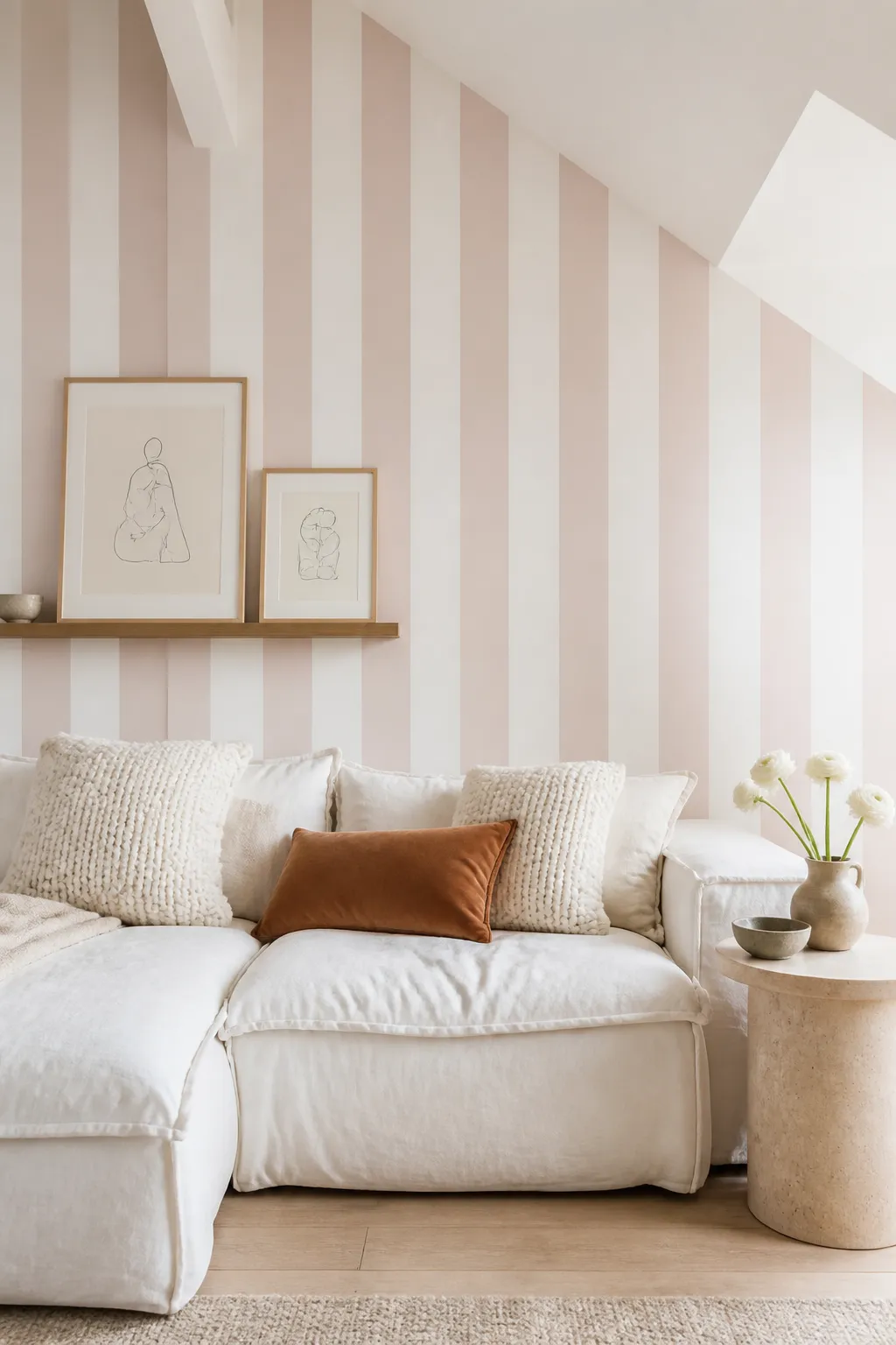 Light and airy living room with soft blush striped wallpaper