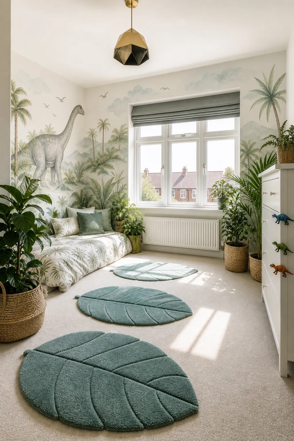 Calm children’s room with a soft jungle mural featuring gentle dinosaurs and leafy plants