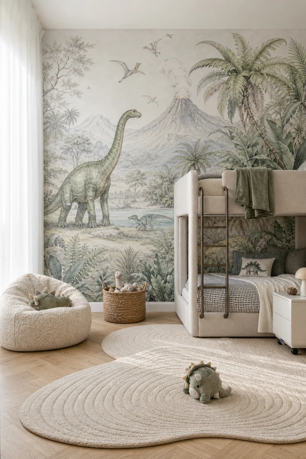 Shared children’s bunk room unified by a soft neutral dinosaur wall mural