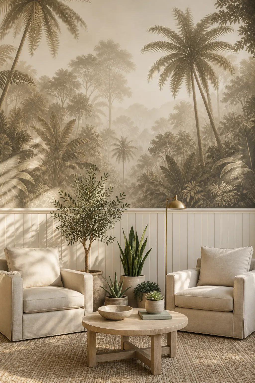 Neutral sitting room softened by a misty jungle mural and pale upholstered furniture