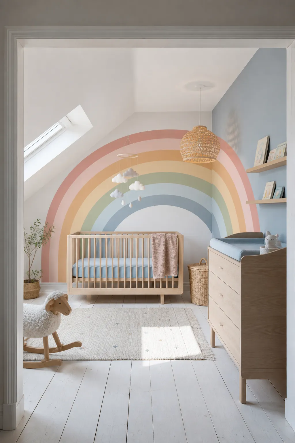 Calm nursery with a soft pastel rainbow painted behind the crib