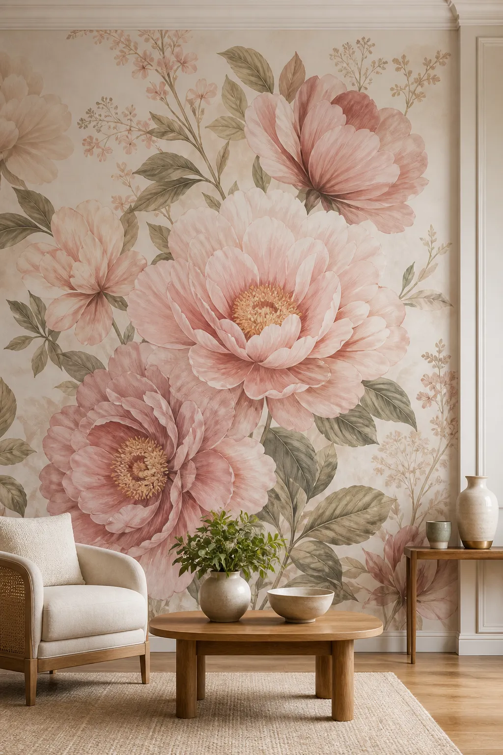 Contemporary room with a soft pink botanical mural used as a feature wall
