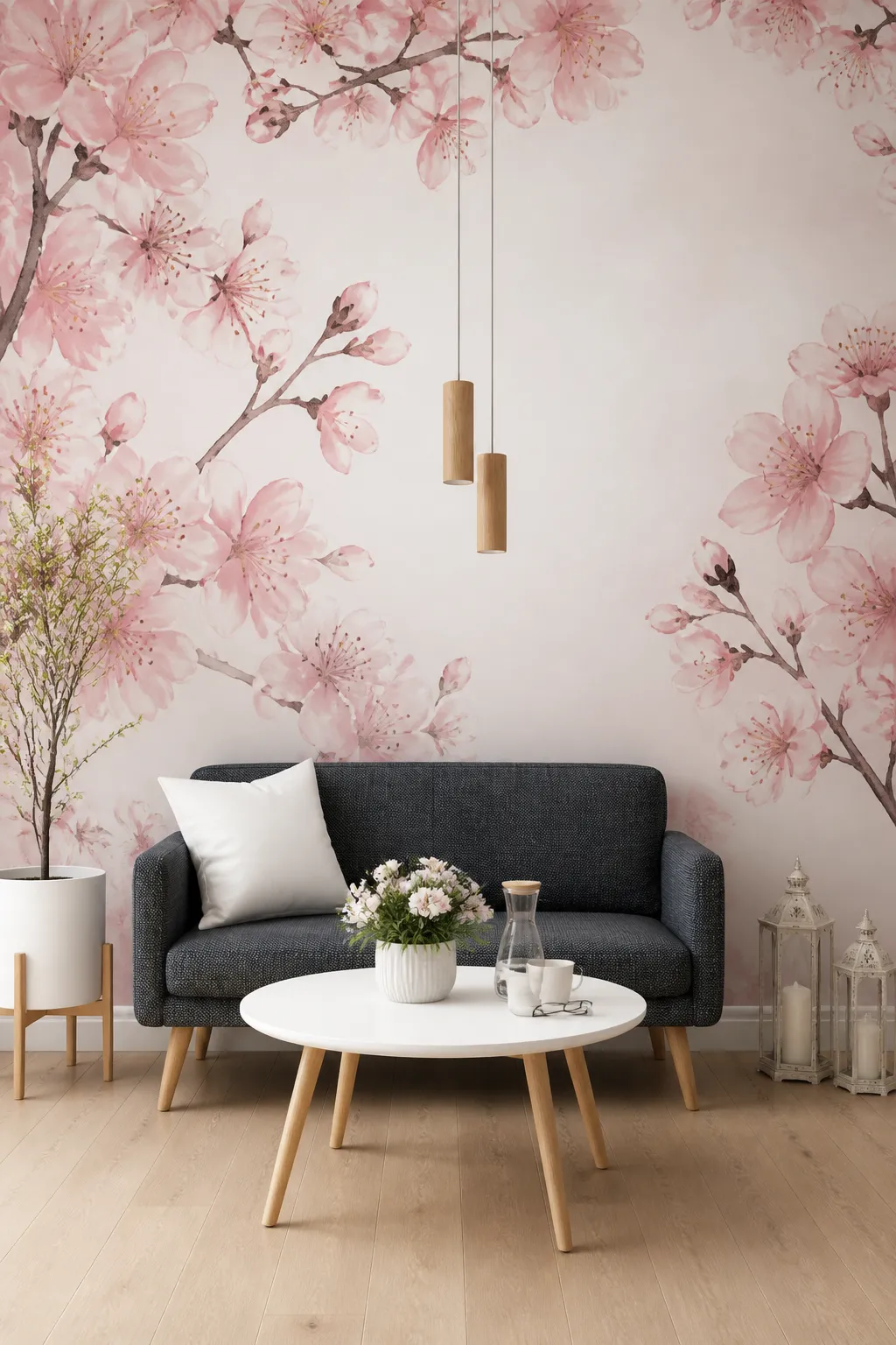 Cozy living room brightened by a gentle pink cherry blossom mural