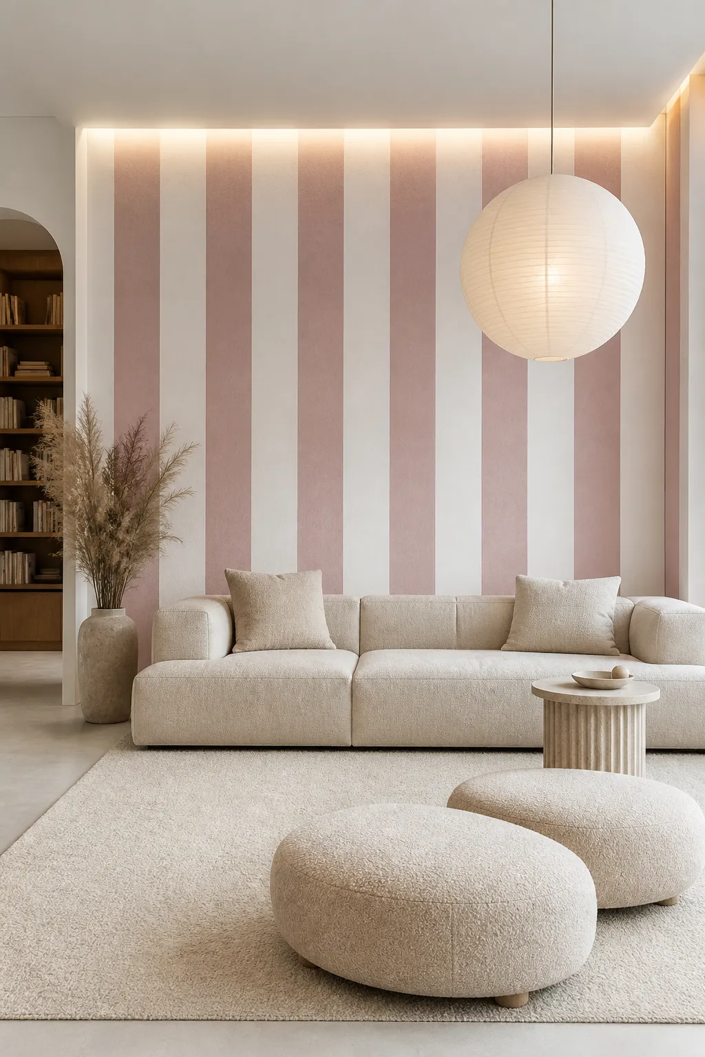 Cozy living room seating area with soft blush striped wallpaper