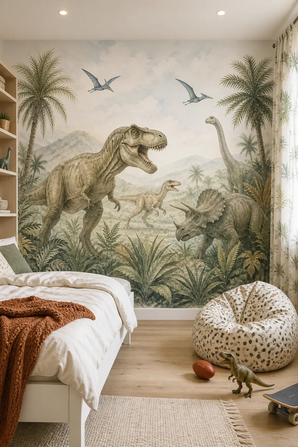 Kids bedroom decorated with a soft watercolor dinosaur mural in gentle pastel tones
