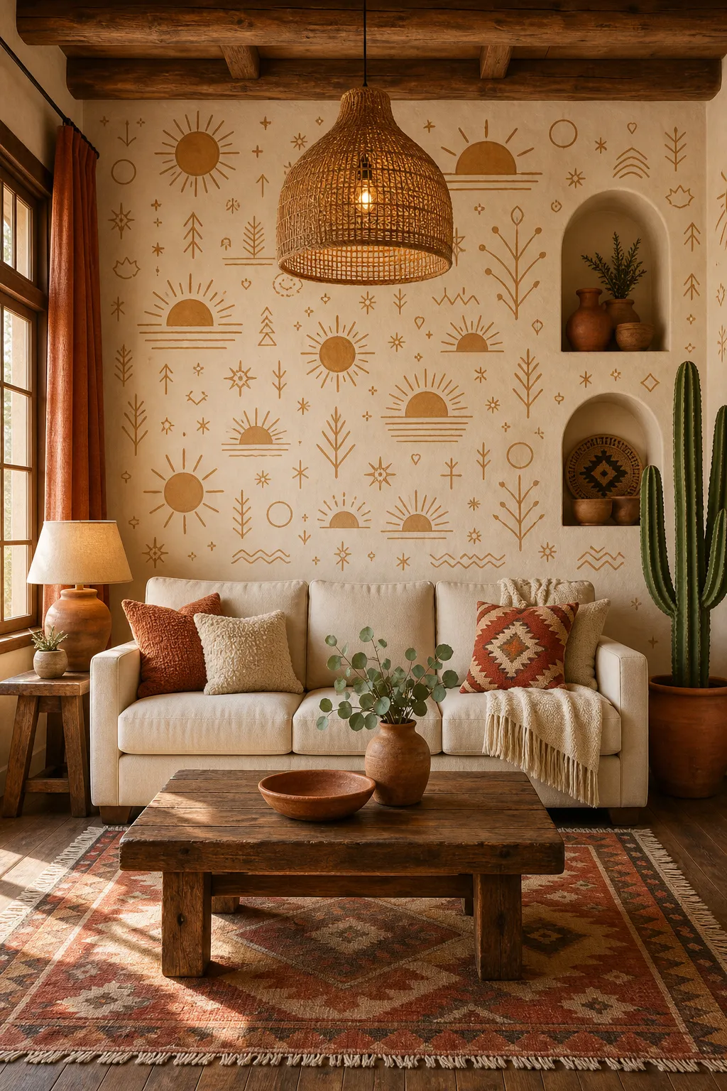 Desert-inspired living room with layered Southwestern sun motifs and earthy decor