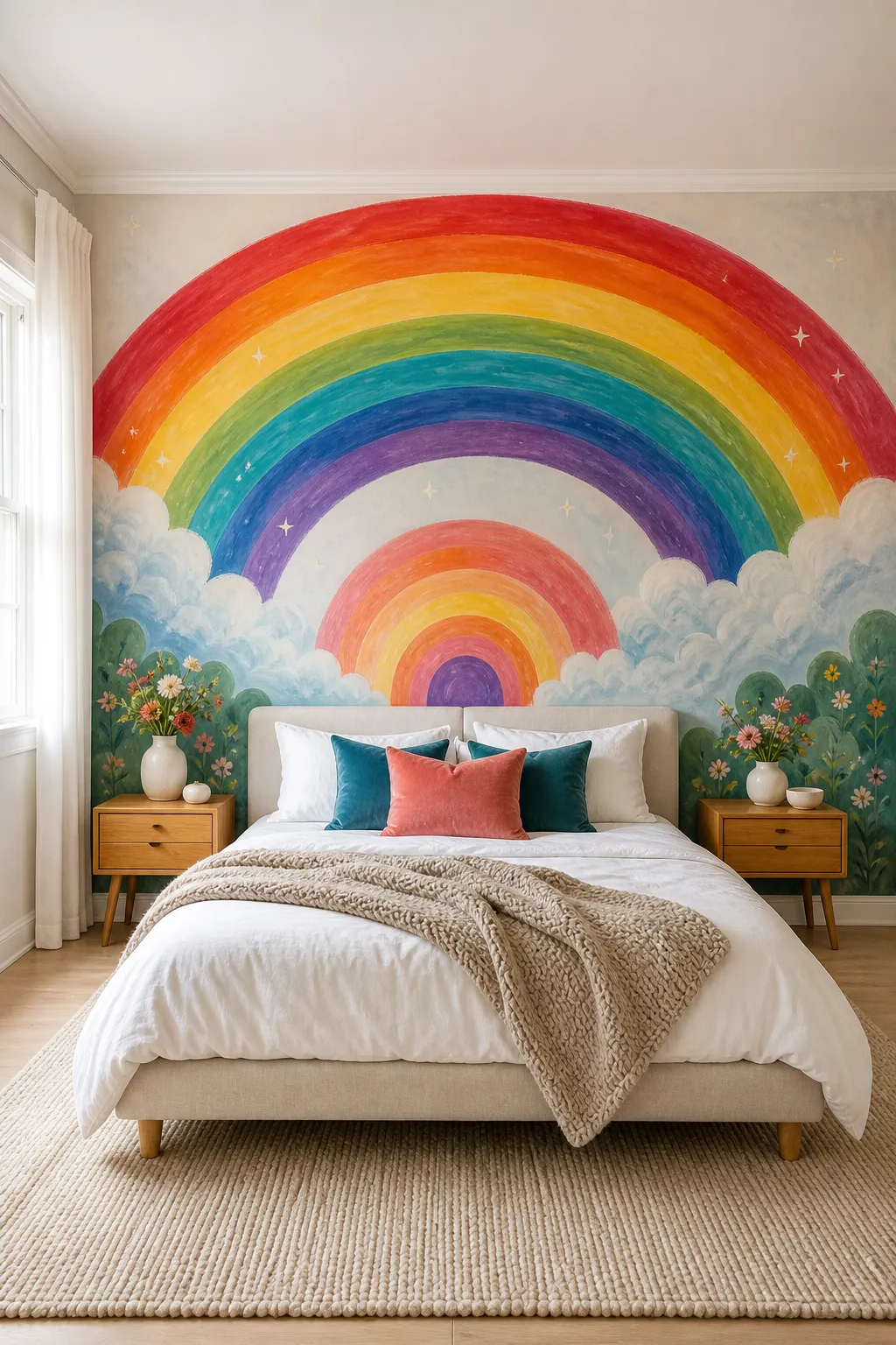 Whimsical storybook bedroom centered around a colorful rainbow mural