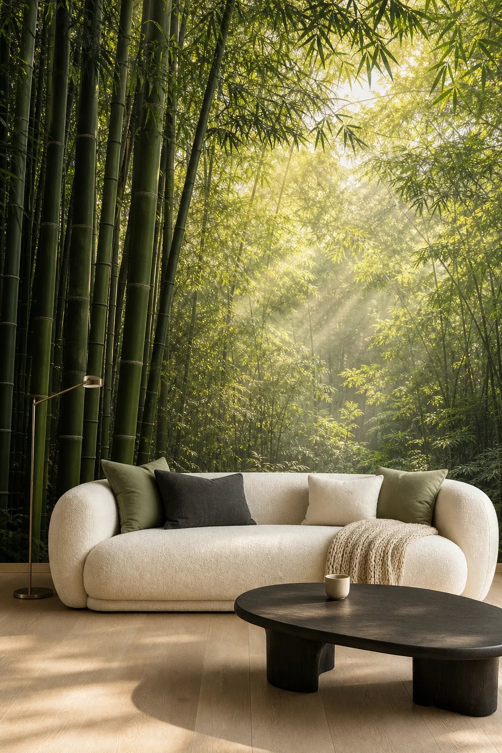 Sunlit living room overlooking a tranquil bamboo grove wall mural
