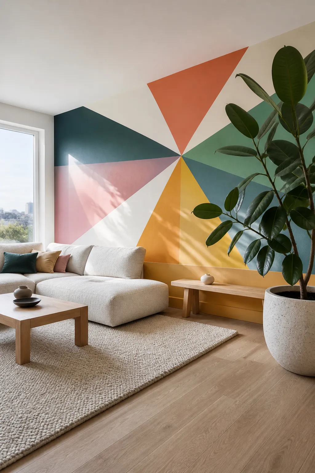 Light-filled living room with warm sunlit geometric color blocks