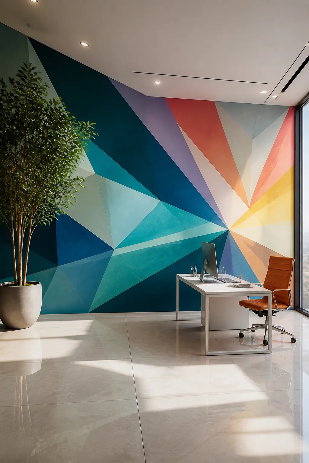 Modern office with a geometric mural in sunny yellow, orange, blue, and pink blocks