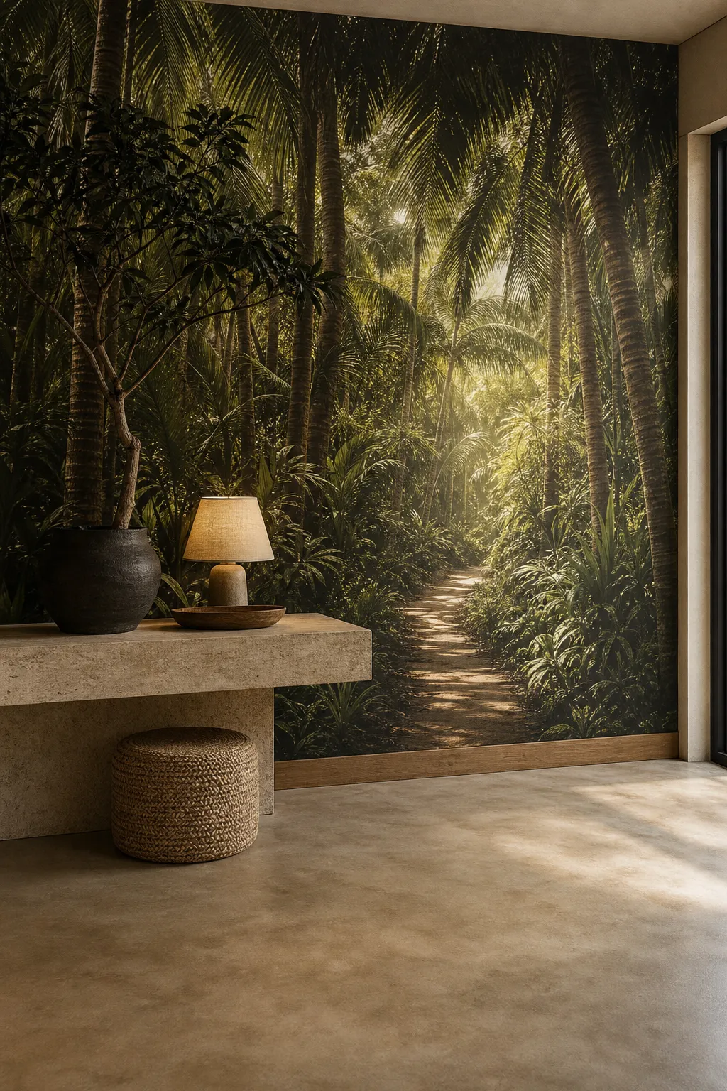 Bright entryway decorated with a sunlit palm grove wall mural