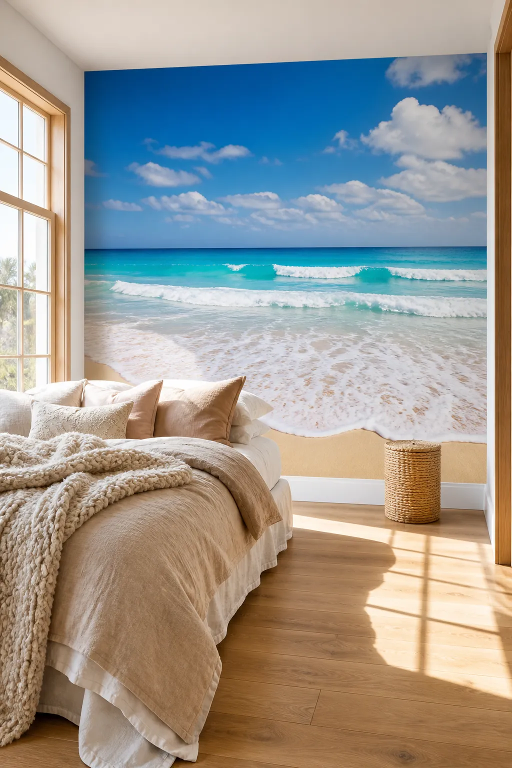 Bedroom with a sunny tropical beach mural behind the bed