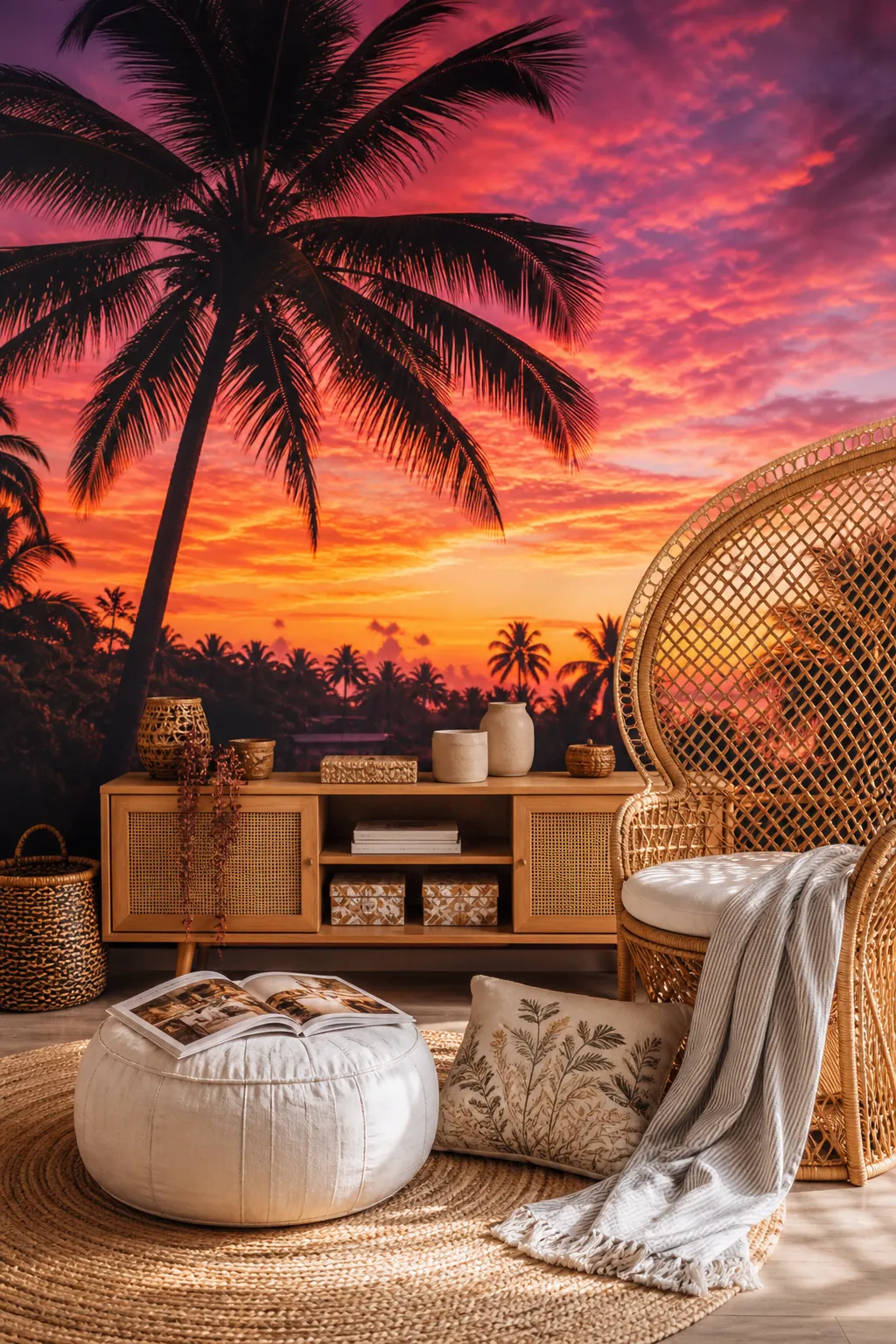 Bold boho living room combining a sunset palm mural with rattan furniture