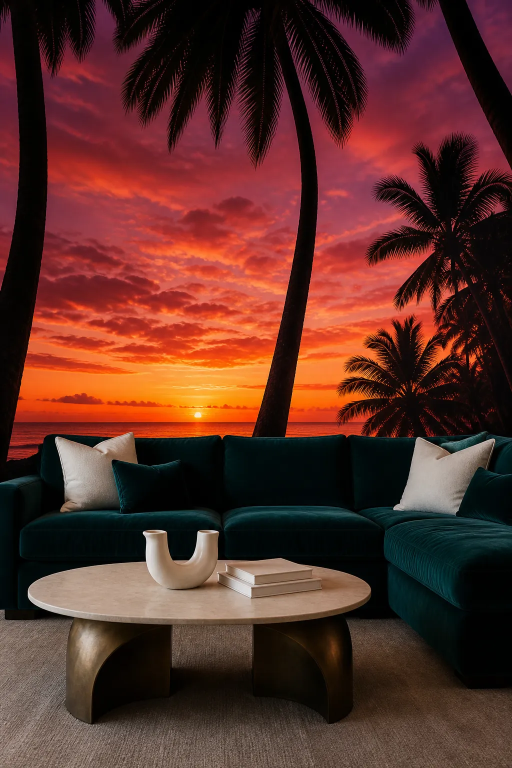 Dark teal sectional contrasted with a glowing sunset palm mural