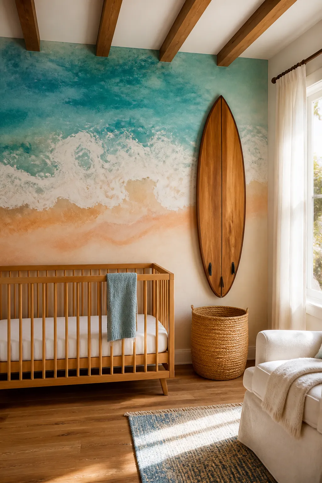 Coastal nursery with a relaxed surf-inspired ocean backdrop