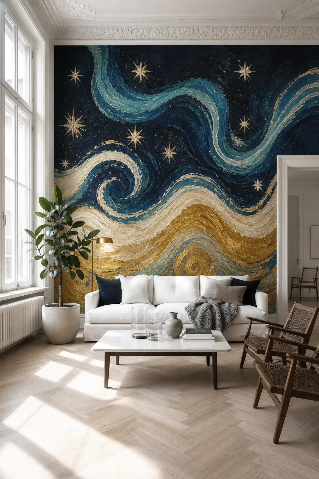 Modern living room featuring a swirling navy-and-gold celestial mural behind neutral seating